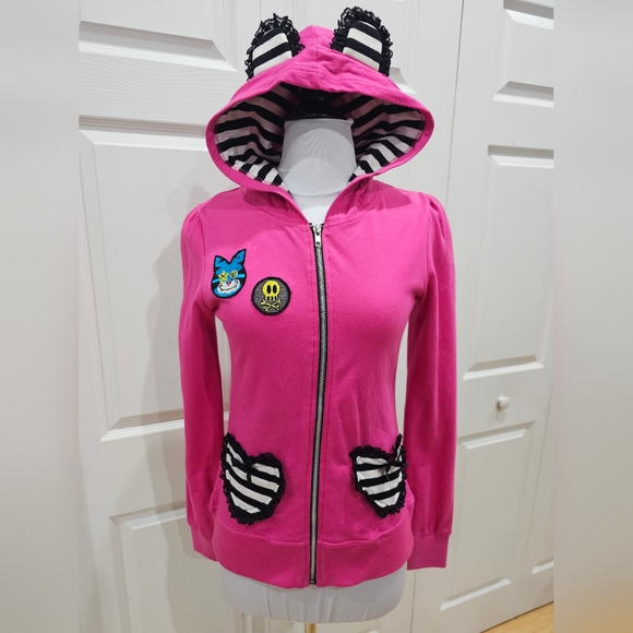 Rare Jessica Louise Pink Punk Patch Black White Striped Ear Zip Hoodie M - Picture 3 of 12